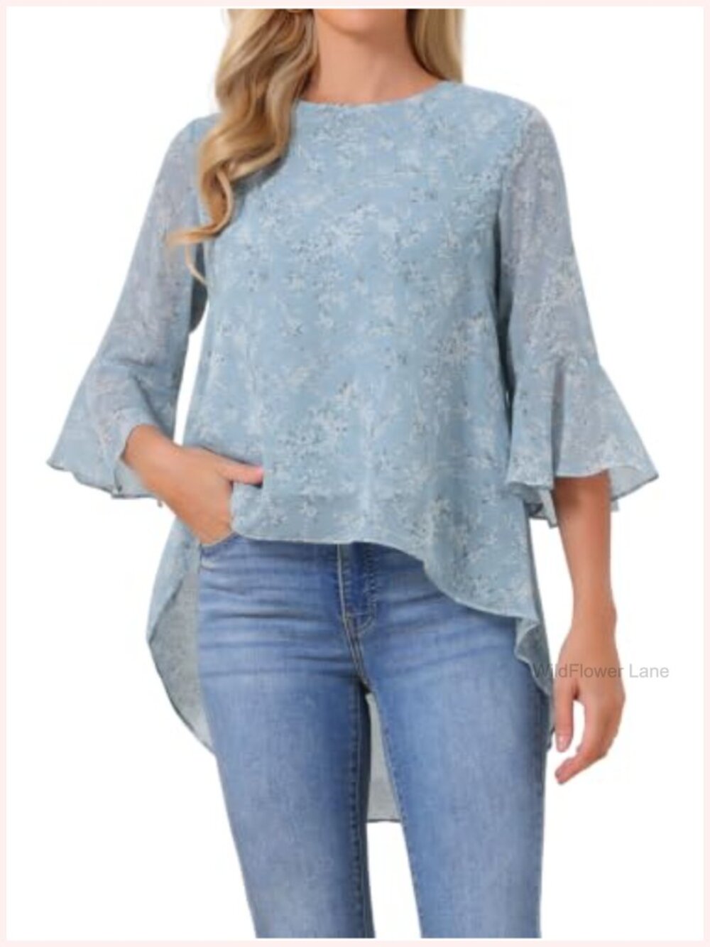 Women's Floral Chiffon High Low Blouse 3/4 Bell Sleeve Tunic Top